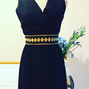 1970s Long Black Metallic Waist Dress